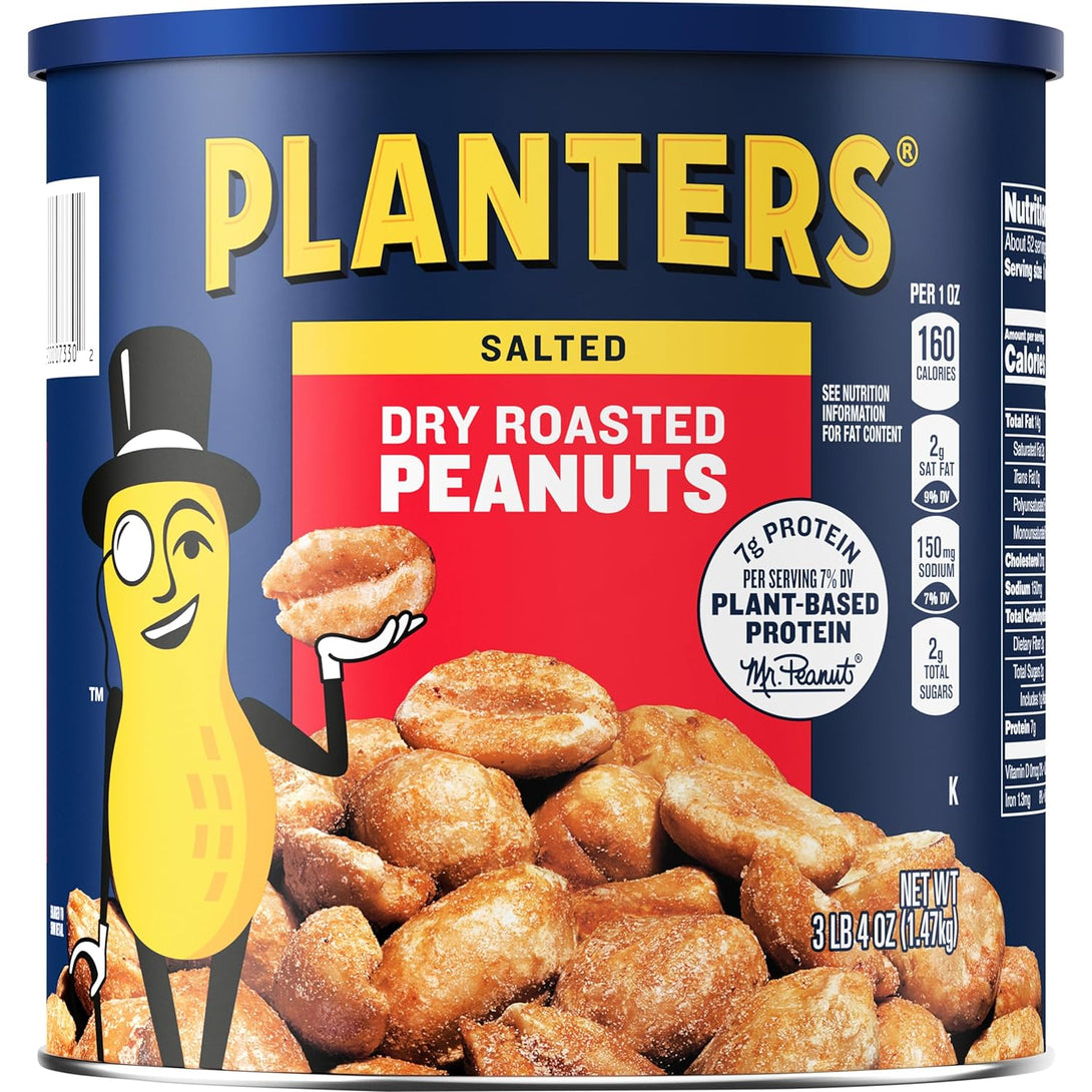 PLANTERS Salted Dry Roasted Peanuts, Party Snacks, Plant Based Protein 52 Oz Cannister