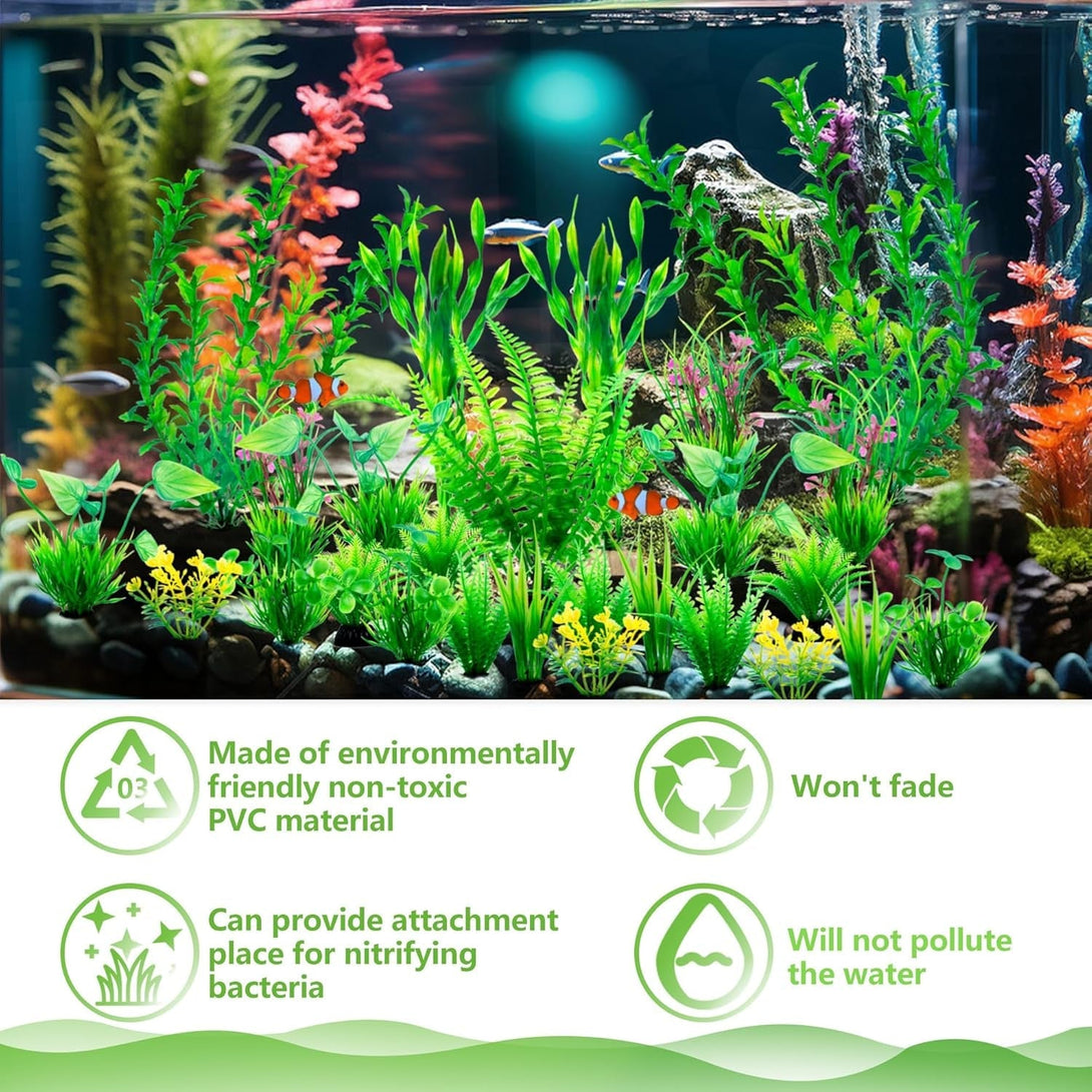 Ameliade Aquarium Artificial Green Plastic Plants Decorations 26 PCS Large Fish Tank Accessories Goldfish Betta Tank Decor