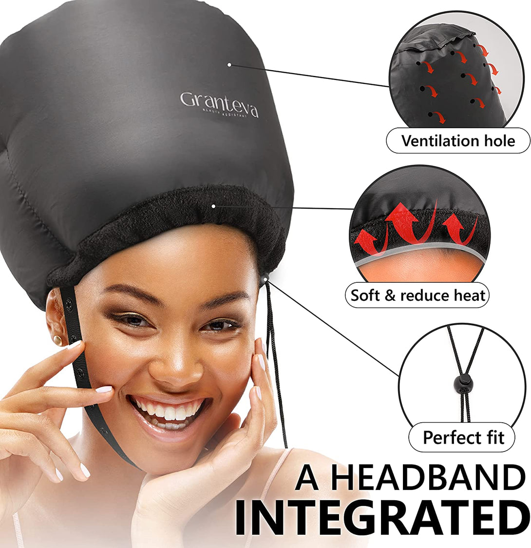 Hooded Hair Dryer W/A Headband Integrated That Reduces Heat around Ears & Neck - Hair Dryer Hooded Diffuser Cap for Curly, Speeds up Drying Time, Safety Deep Conditioning at Home - Portable, Large