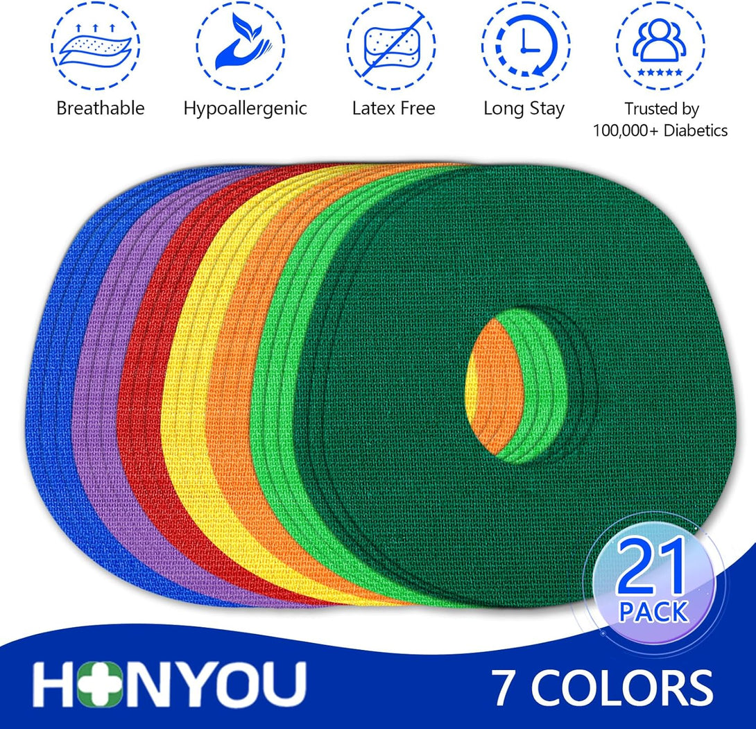 HONYOU 21-Pack G7 Adhesive Patches Waterproof CGM Sensor Protection Tape Compatible for Dexcom Stelo Patches Flexible Overpatches with Hole, 10Days Long Stay Latex-Free & Hypoallergenic, Multicolor