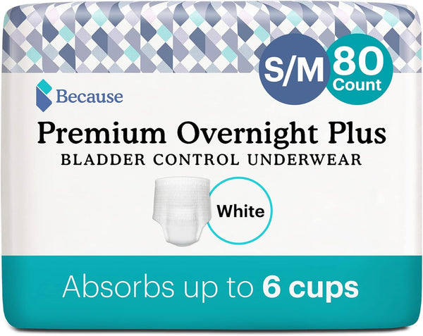 Because Overnight Absorbency Pull Ups - Adult Disposable Incontinence Underwear, Extra Absorbent Nighttime Pull Ups for Men and Women, White, Small/Medium, 80 Count (4 Packs of 20)