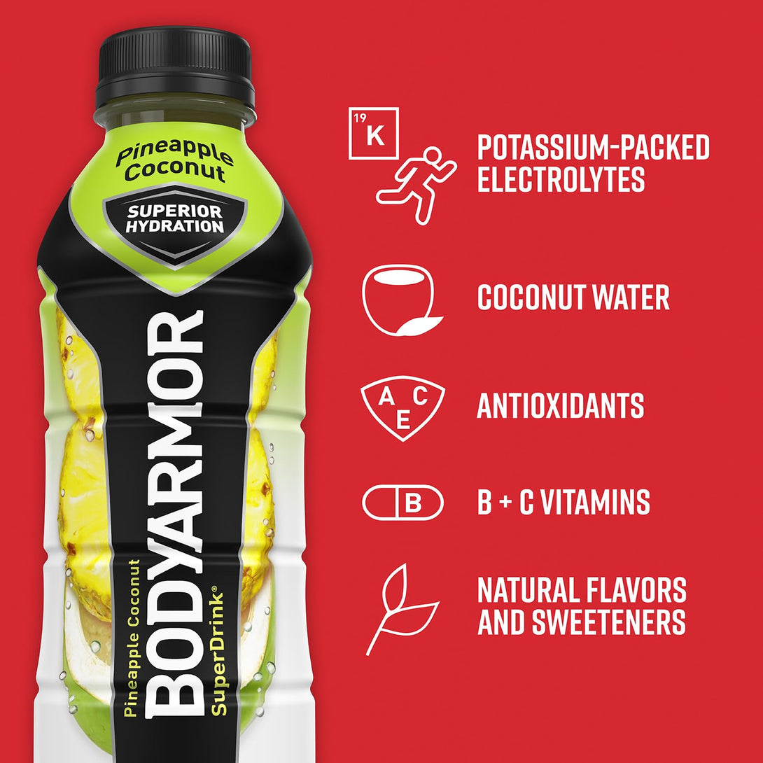 BODYARMOR Sports Drink Sports Beverage, Pineapple Coconut, Coconut Water Hydration, Natural Flavors with Vitamins, Potassium-Packed Electrolytes, Perfect for Athletes, 16 Fl Oz (Pack of 12)