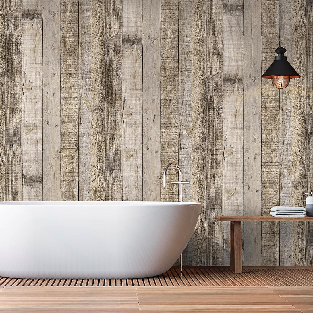 Anmon Peel and Stick Wallpaper Wood Contact Paper, Light Gray Wood Plank Wallpaper 17.7“ X 118”, Shiplap Wall Paper Peel and Stick for Cabinets, Rustic Bathroom Removable Modern Decorative