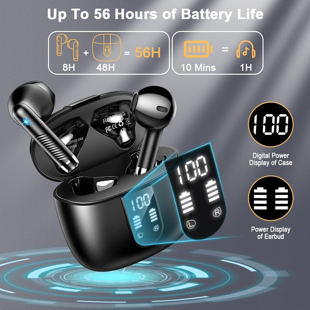 Wireless Earbuds, Bluetooth Headphones V5.4 Stereo Bass Ear Buds with ENC Noise Cancelling Mics,56H Bluetooth Earbuds with LED Display Charging Case, IP7 Waterproof Earphones for Android Ios, Black