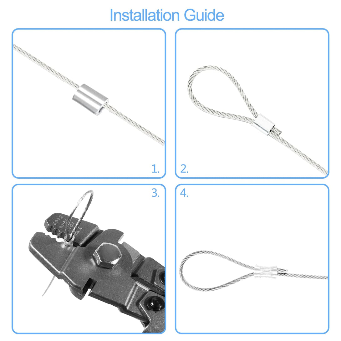 Wire Rope Crimping Tool Kit, with 1/16-304 Stainless Steel Cable 165 Ft (7X7 Strand Core), 100 Cable Ferrule Aluminum Loop Sleeve Stops