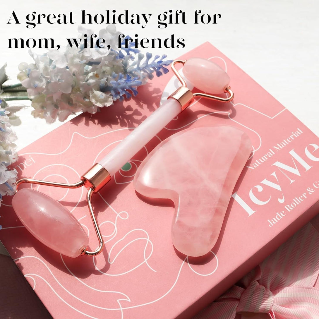 BAIMEI Icyme Jade Roller & Gua Sha, Face Roller Redness Reducing Skin Care Tools, Self Care Pink Gift for Men Women, Massager for Face, Eyes, Neck, Relieve Fine Lines and Wrinkles - Rose Quartz