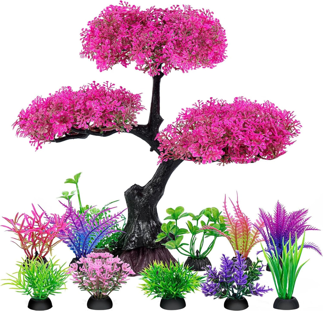 Ameliade Aquarium Artificial Plastic Plants Decoration, Pink Cherry Blossom Tree Aquarium Decor Set, Goldfish Betta Fish Tank Decorations Hides Accessories（Pink