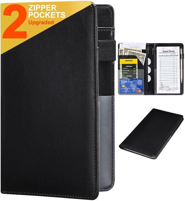 Server Books for Waitress - Leather Waiter Book Server Wallet with Zipper, Cute Waitstaff Organizer with Money Pocket Fit Server Apron（Classic Black）