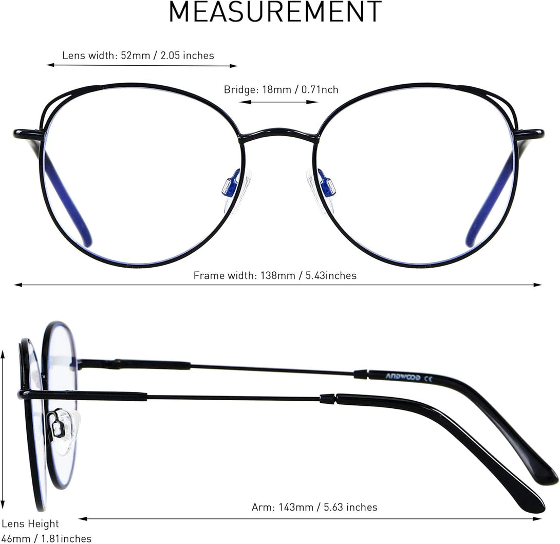 ANDWOOD Blue Light Blocking Glasses Women Cat Eye Computer Eyeglasses Metal Frame Hipster 2 Pack