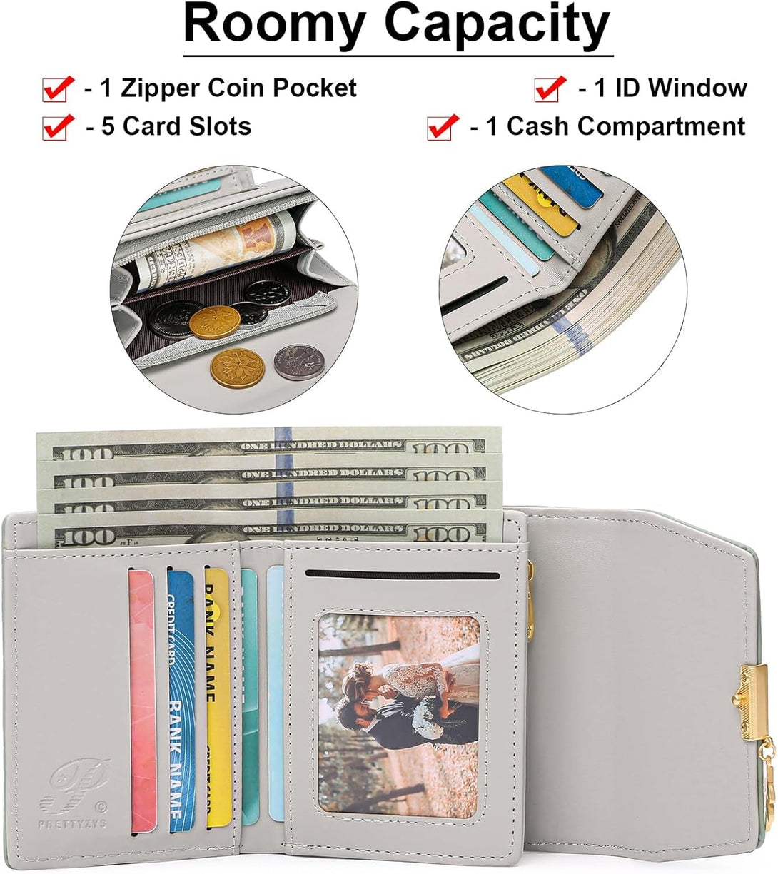 Bifold Wallet Women Leather RFID Blocking Card Holder Compact Wallet Zipper Coin Pocket with ID Window