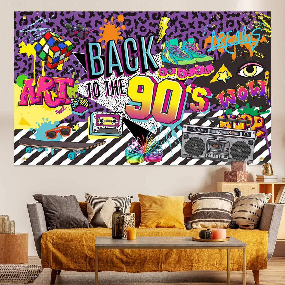 90S Theme Backdrop Hip Hop Graffiti Back to 90'S Party Banner Background 71X43.3 Inch Fabric Wall Table Decorations Photo Booth Props