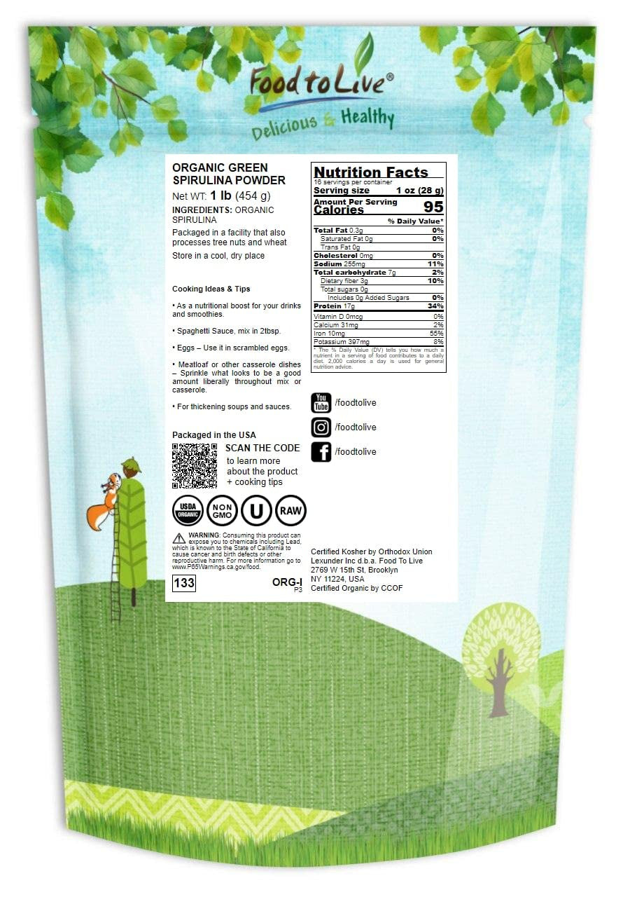 Food to Live Organic Spirulina Powder, 1 Pound – Non-Gmo, Kosher, Raw Blue-Green Algae, Vegan Superfood, Bulk, Non-Irradiated, Pure Vegan Green Protein, Rich in Vitamins & Minerals, Great for Drinks