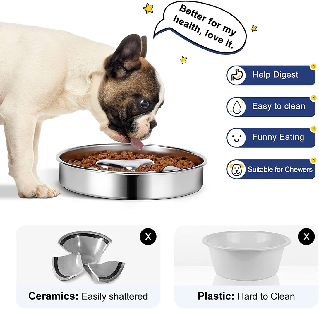 Slow Feeder Dog Bowls 304 Stainless Steel, 2 Cups Metal Food Bowls, Water Bowl for Small & Medium Sized Dogs, Fun Bloat Stop Pet Fast Eaters