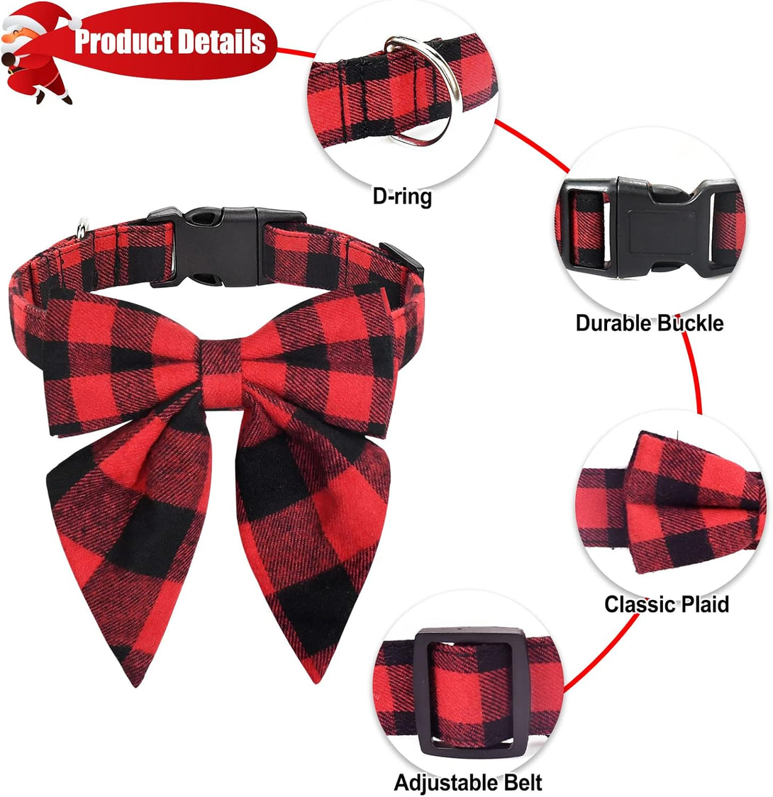 Malier Christmas Dog Collar with Bow Tie, Christmas Classic Plaid Dog Collar Soft Durable Holiday Dog Collar for Small Medium Large Dogs Pet Puppy (Red & Black, Small)