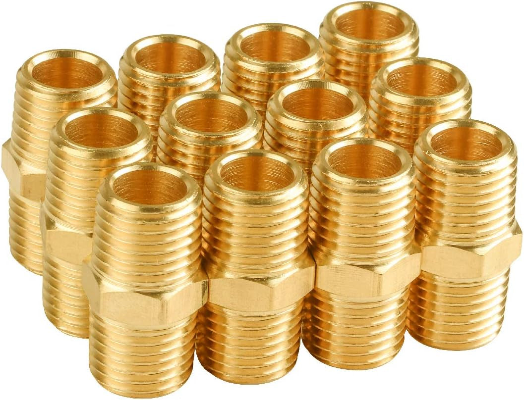 Brass Pipe Fittings, SUNGATOR Air Hose Fittings, Hex Nipple, Air Fittings 1/4" X 1/4" NPT Male Pipe(12-Pack)