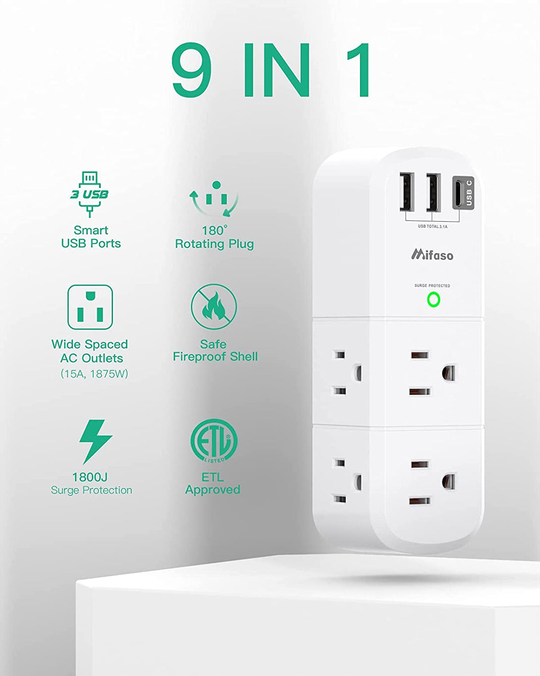 USB Outlet Extender Surge Protector - Mifaso Rotating Plug, 6 AC Multi Plug and 3 USB Ports (1 C), 1800 Joules, 3-Sided Swivel Power Strip Spaced Splitter for Home, Office, Travel
