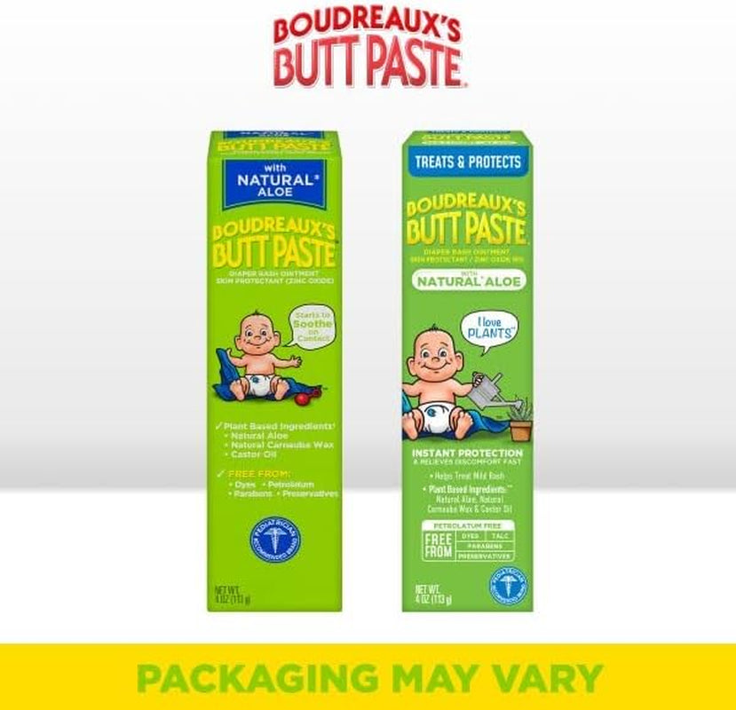 Boudreaux'S Butt Paste with Natural* Aloe Diaper Rash Cream, Ointment for Baby, 4 Oz Tube, 2 Pack