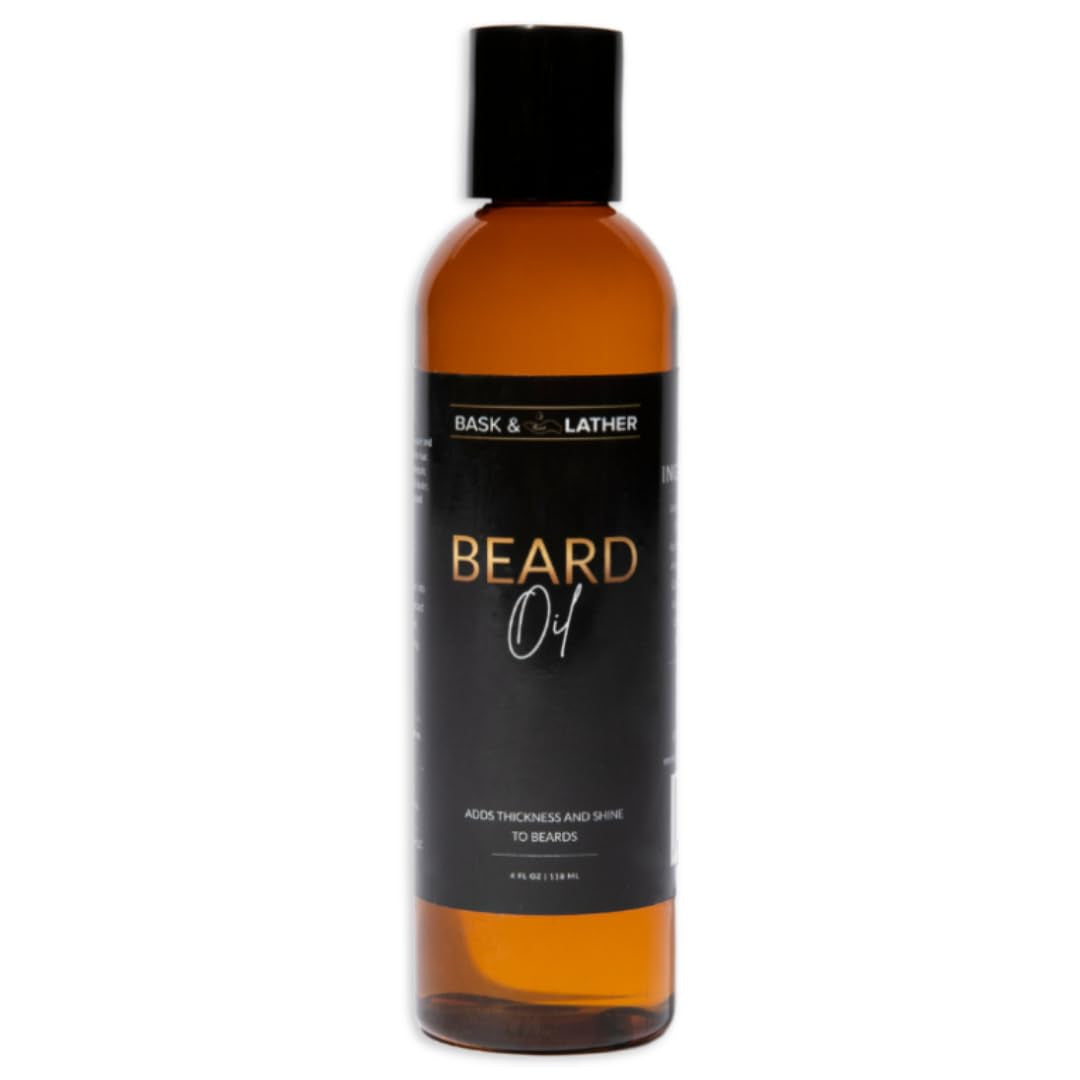 Bask & Lather Beard Growth Oil, Frizz Free Hair Oil for Men Beard Care with Vitamins & Natural Ingredients to Hydrate, Smooth & Soften for Shiny, Thicker Fuller Beard Hair and Texture, 4 Fl Oz