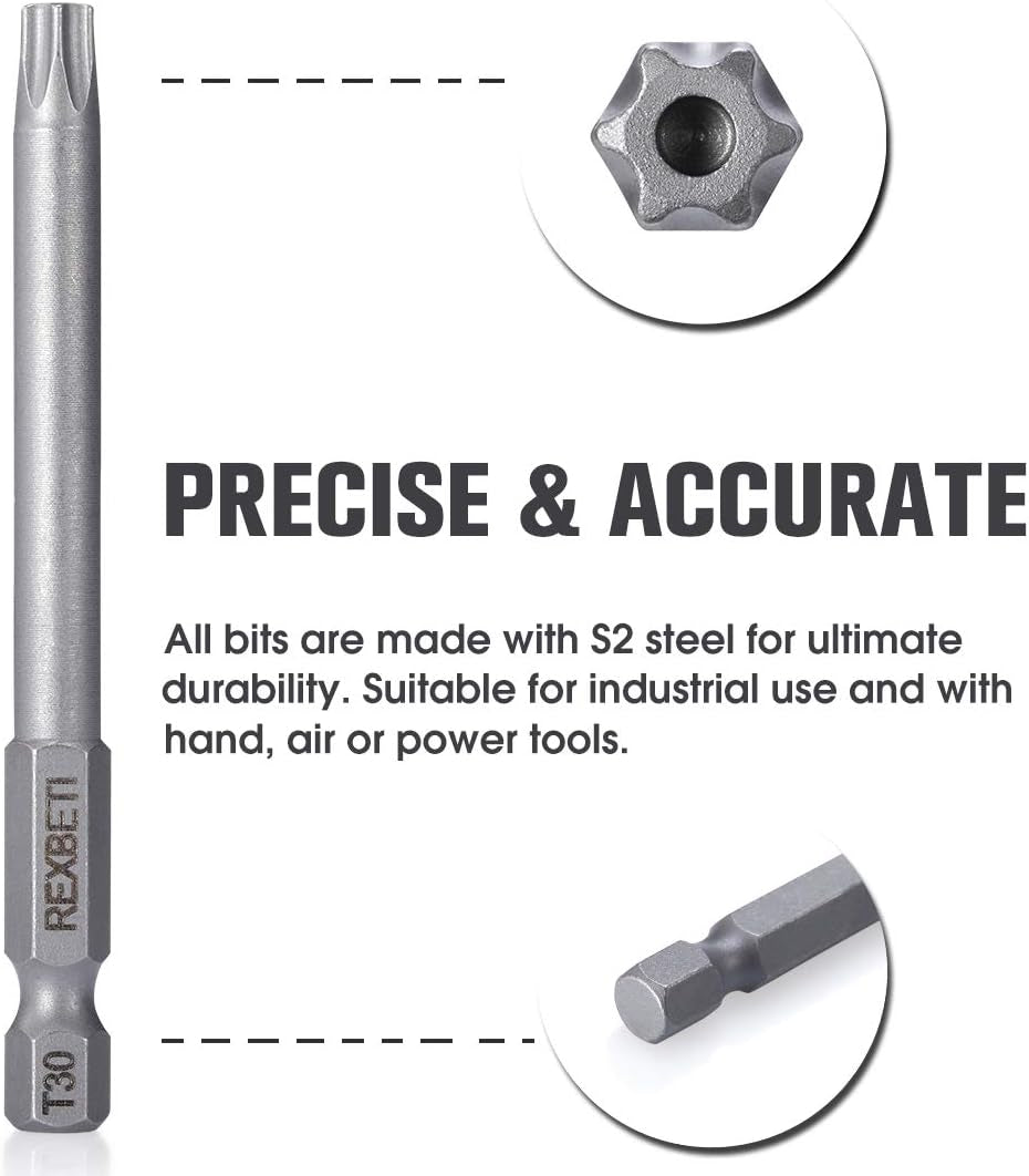 REXBETI 12 Piece Torx Head Screwdriver Bit Set, 1/4 Inch Hex Shank S2 Steel Magnetic 3 Inch Long Drill Bits, T5-T40 (Torx Head)