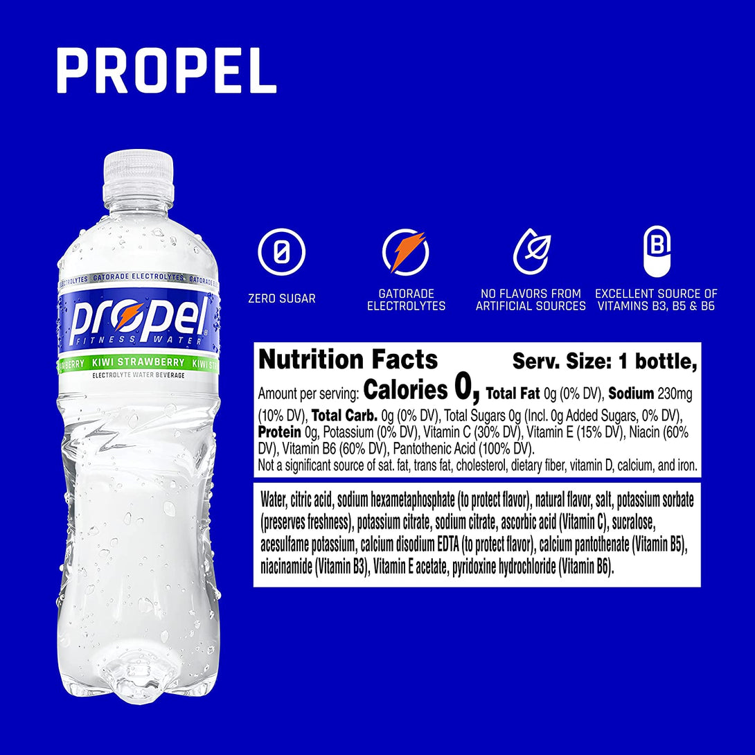 Propel, Kiwi Strawberry, Zero Calorie Sports Drinking Water with Electrolytes and Vitamins C&E, 16.9 Fl Oz (Pack of 12) - Packaging May Vary