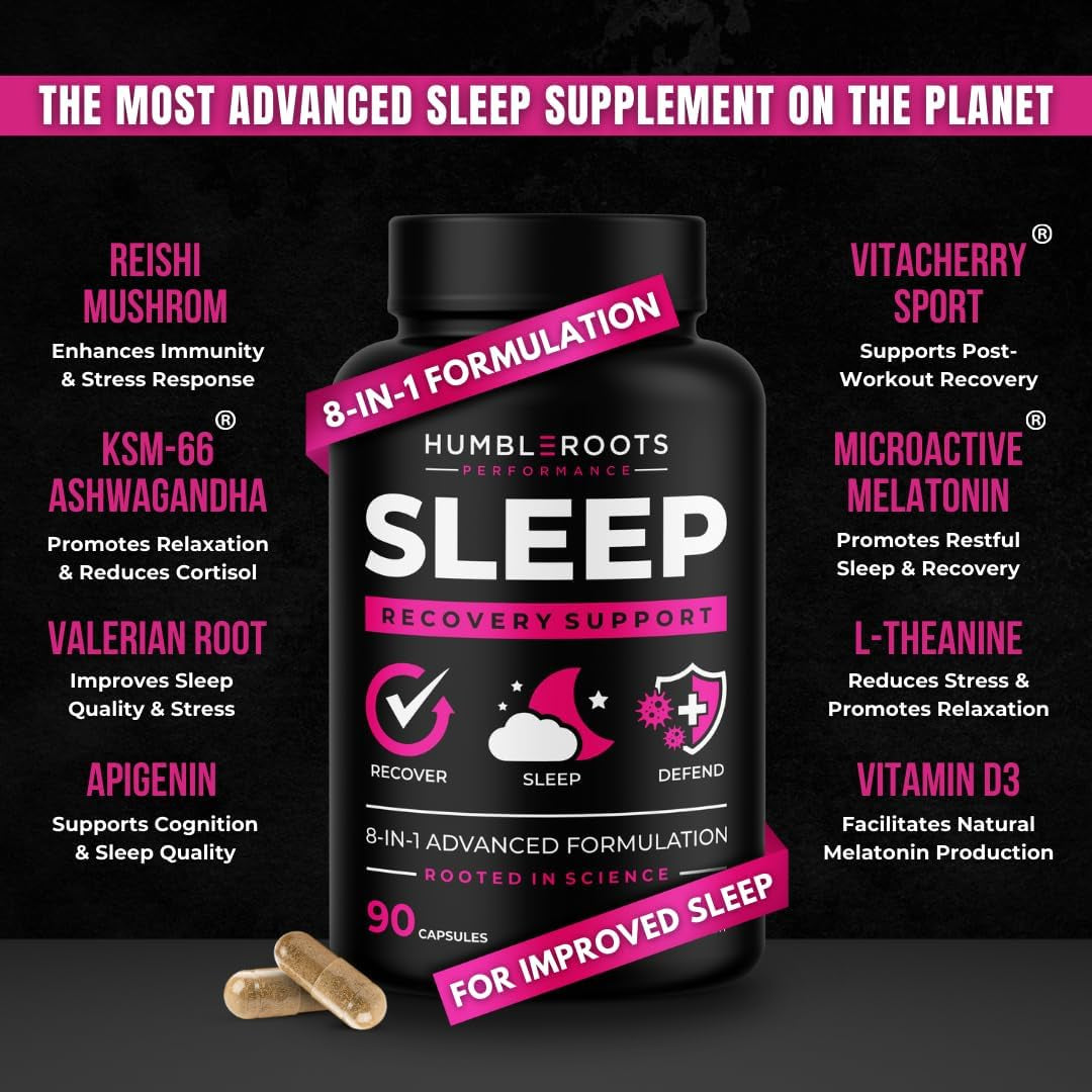 8-In-1 All-Natural Sleep Aid Supplement for Recovery, Immunity, & Sleep Support | Organic Reishi & Valerian Root | Ashwagandha Root & Vitacherry Sport | Apigenin & L-Theanine | Melatonin & Vitamin D3