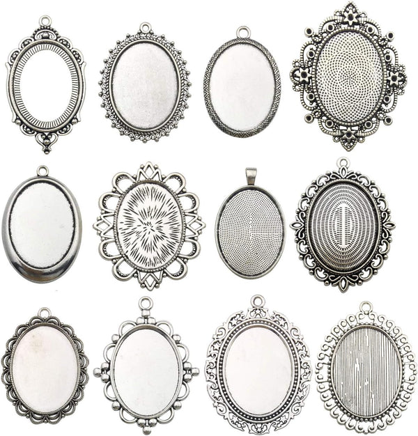 Youdiyla 10 Pendant Trays, 30X40Mm, Blank Oval Cabochons Base Setting Bezel Frame Metal Cameo for Photo Pendant Jewelry Making (Antique Silver-Hm278)