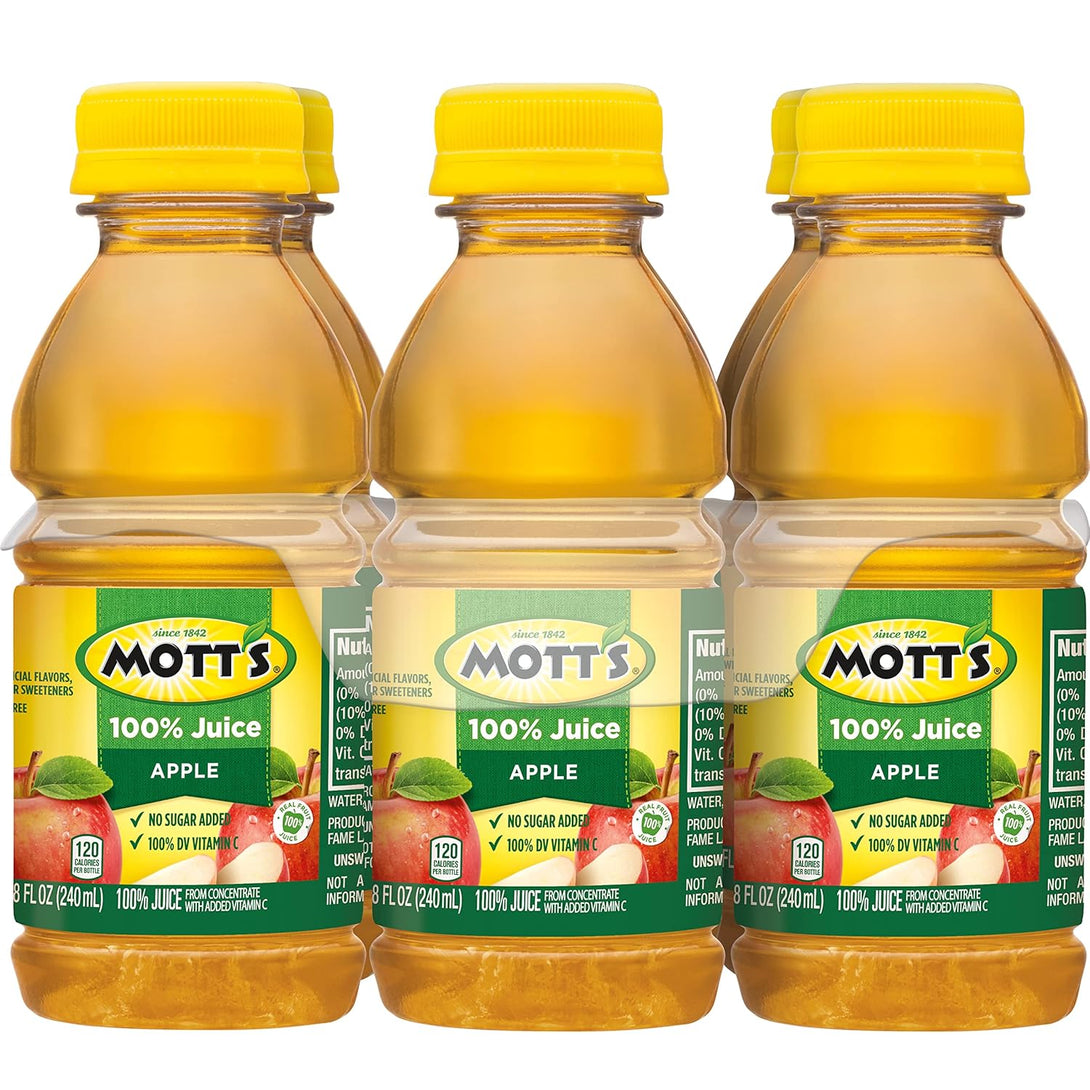 Mott'S 100% Original Apple Juice, 8 Fl Oz Bottles, 24 Count (4 Packs of 6), 2 Servings of Fruit, 100% Fruit Juice, Gluten-Free, Caffeine-Free, Kosher, Contains No Artificial Colors or Sweeteners