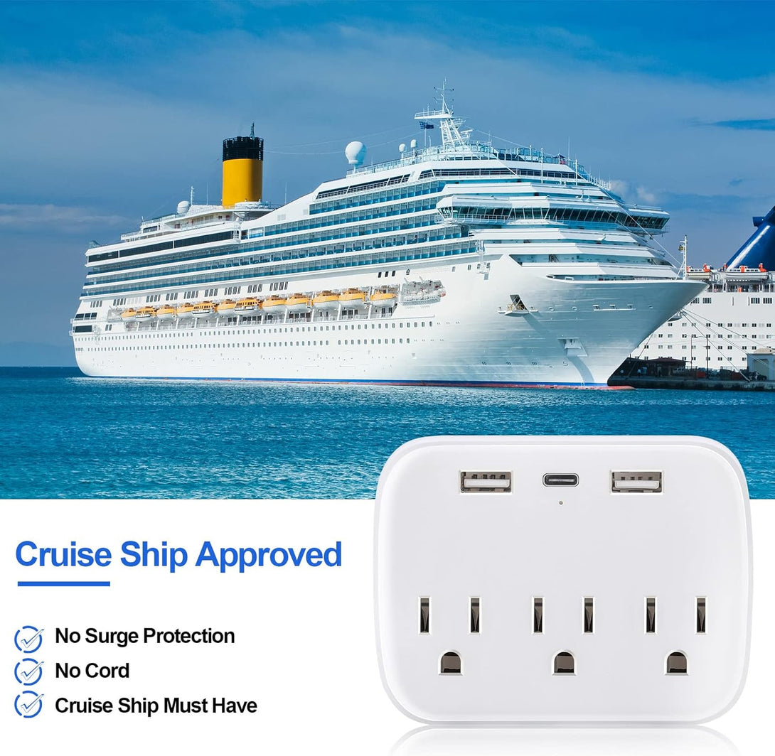 Cruise Power Strip Cruise Essentials Non Surge Protection Outlet Extender with 3 USB Outlets Ports (1 USB C) Portable Travel Adapter Multiple Plug for Cruise Ship, Home, Office, White