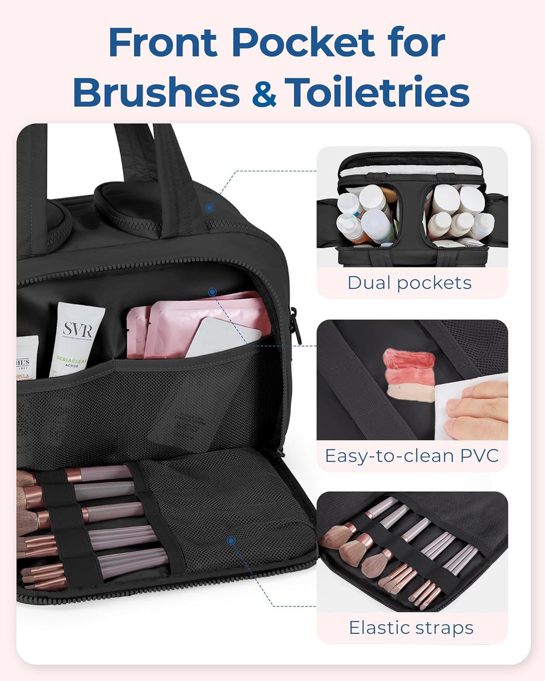 BAGSMART Travel Toiletry Bag, Lightweight Large Wide-Open Travel Bag for Women, Puffy Cosmetic Makeup Bag Organizer with Handle for Accessories,Essentials, Toiletries, Black