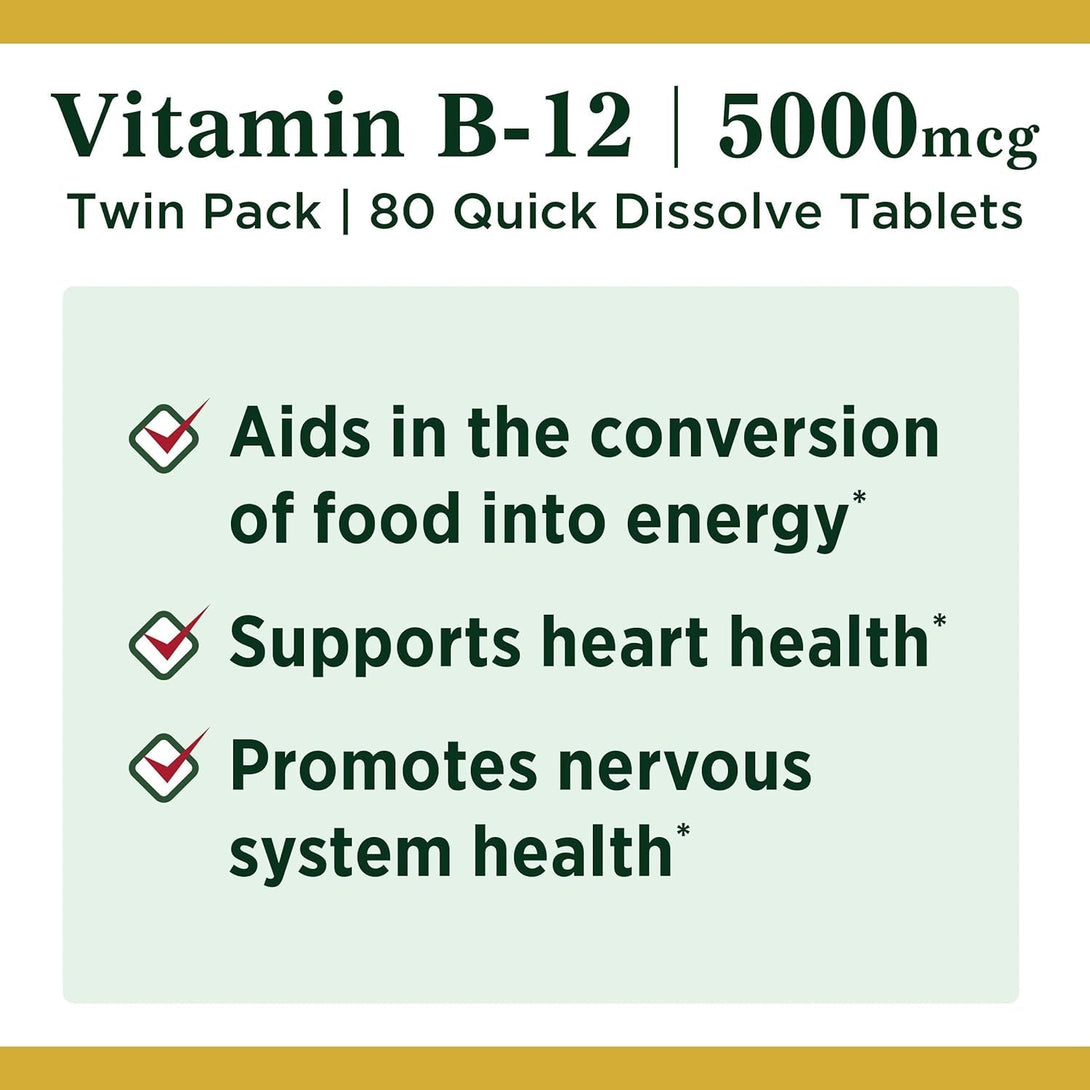 Vitamin B12 by Nature'S Bounty, Quick Dissolve Vitamin Supplement, Supports Energy Metabolism and Nervous System Health, 5000Mcg, 40 Tablets (Pack of 2)