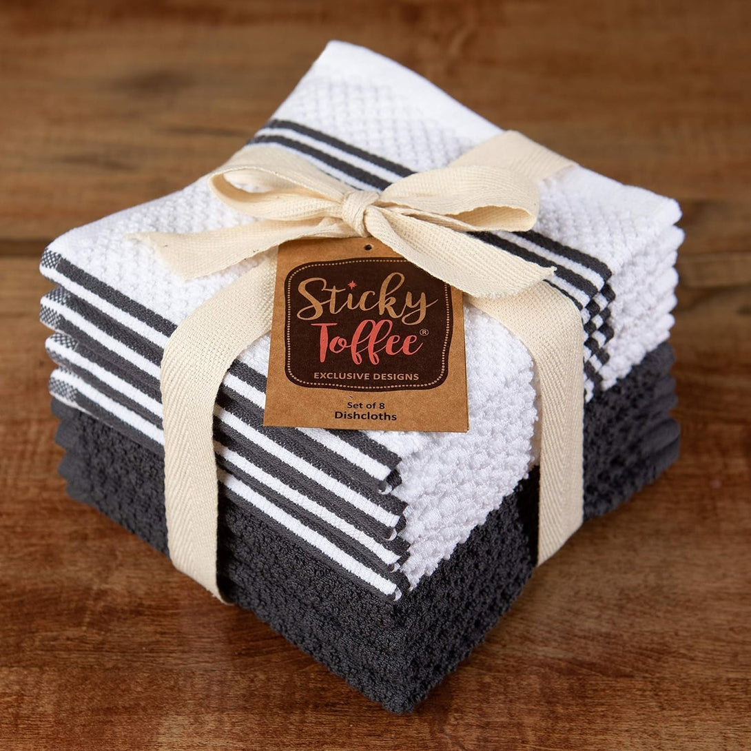 Sticky Toffee Cotton Kitchen Towels Dishcloths Set of 8, Gray and White Tea Towels, Reusable and Absorbent Cleaning Cloths, Oeko-Tex Cotton, 12 in X 12 In