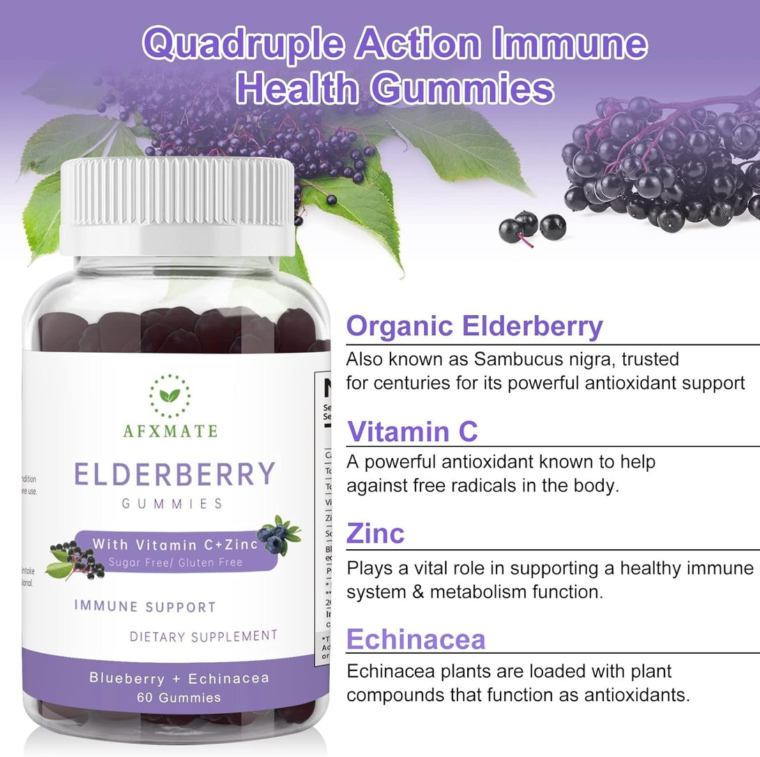 AFXMATE Sambucus Elderberry Gummies, Black Elderberry Gummy with Zinc and Vitamin C for Adults, Sugar Free Kids Multivitamin Gummies Immune Support* Supplement (2 Pack)