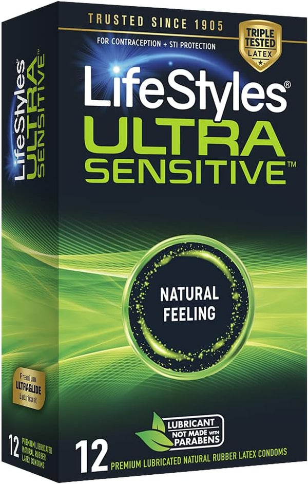 Lifestyles Ultra Sensitive Natural Feeling Lubricated Latex Condoms, 12 Count (Packaging May Vary)