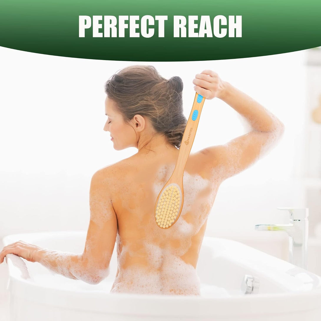 Back Scrubber, 43Cm Long Wooden Double-Sided Shower Body Brush with Soft and Stiff Bristles for Exfoliating Skin