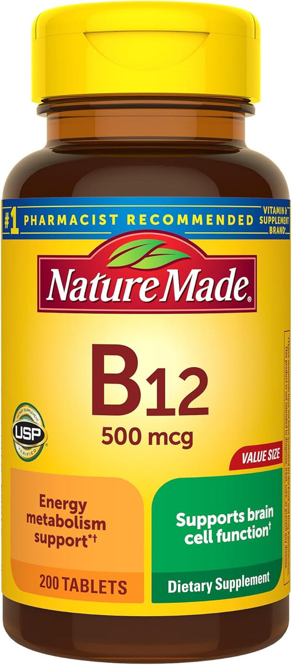 Nature Made Vitamin B12 500 Mcg, Dietary Supplement for Energy Metabolism Support, 200 Tablets, 200 Day Supply