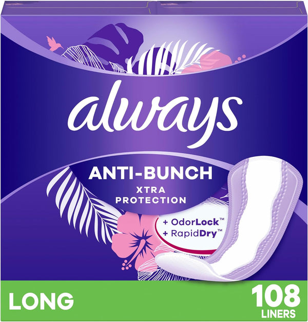 Always Anti-Bunch Xtra Protection Daily Liners Long Unscented, anti Bunch Helps You Feel Comfortable, 108 Count (Packaging May Vary)