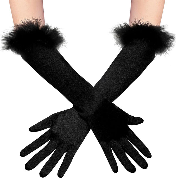 BABEYOND Long Satin Opera Gloves Pageant Feather Gloves 1920S Stretchy Elbow Length Gloves for Halloween Costume Party