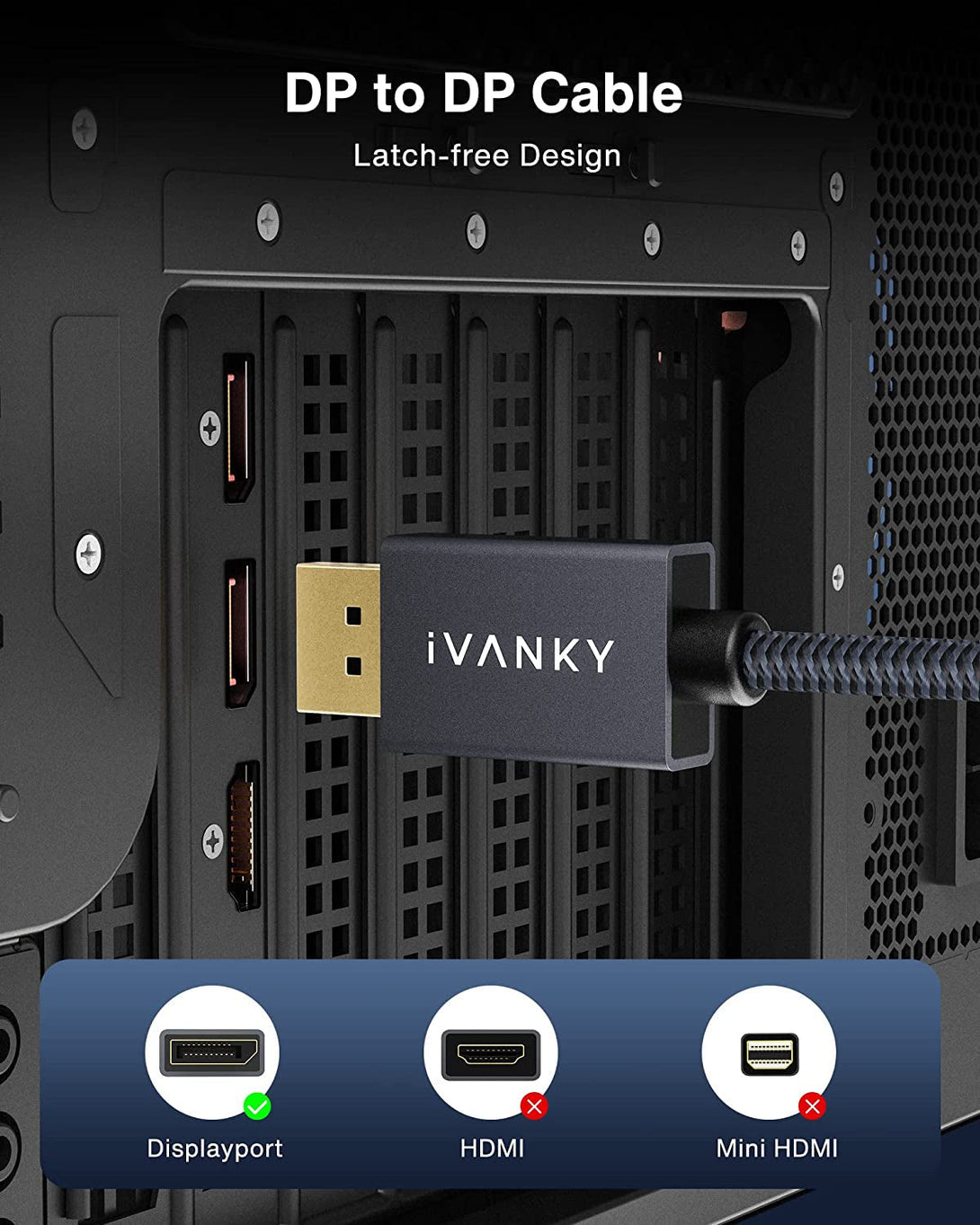 VESA Certified Displayport Cable, Ivanky 6.6Ft DP Cable 1.2, [4K@60Hz, 2K@165Hz, 2K@144Hz], High Speed Gold-Plated Display Port to Display Port Cable, for Gaming Monitor, Graphics Card, TV, PC, Laptop