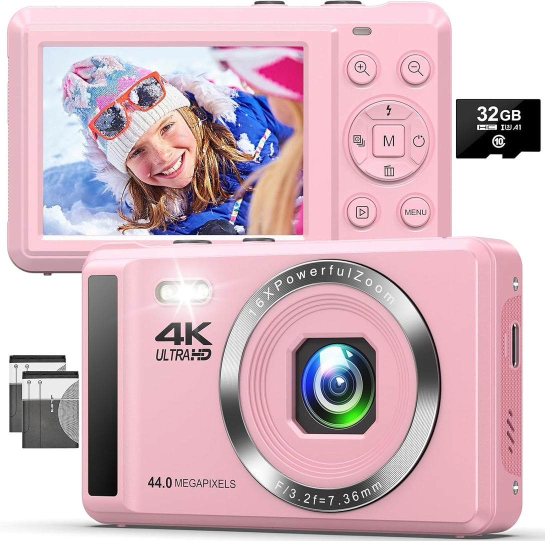 4K 44MP Digital Camera for Photography - 16X Zoom - Portable Vlogging Camera Includes 32GB SD Card & 2 Batteries for Kids, Teens, Beginners