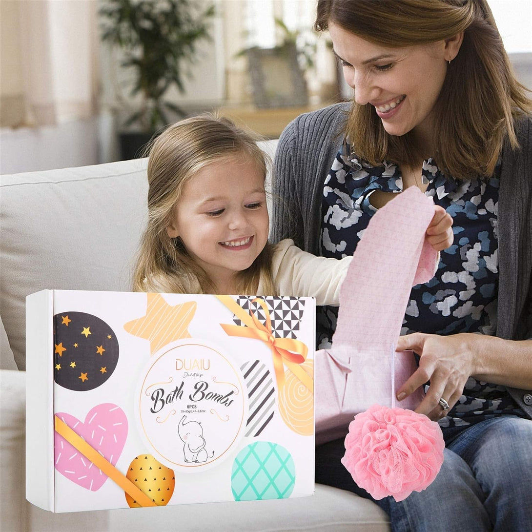 DUAIU 6Pcs Fizzy Bubble Bath Bombs for Kids & Women - Organic Natural Kids Bath Bomb Gift Set with Essential Oils, Fruit Fragrance and a Bathing Mesh Ball