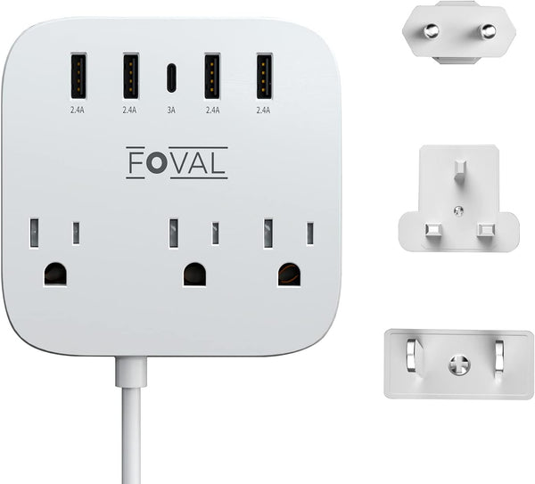European Travel Plug Adapter, FOVAL EU UK US Power Strip with USB C and 4 USB Ports, 3 AC Outlets, Wall Mountable, 5Ft Extension Cord, Compact for Travel, Cruise Ship, Home Office