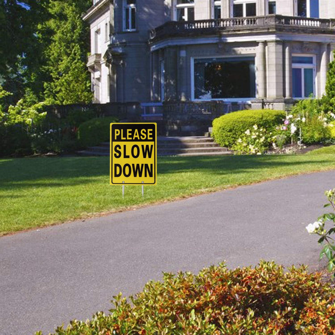 Kichwit Double Sided Aluminum Please Slow down Sign Reflective Metal Sign with Stakes, Sign Measures 11.8" X 15.8", 14" Long Metal Stakes Included