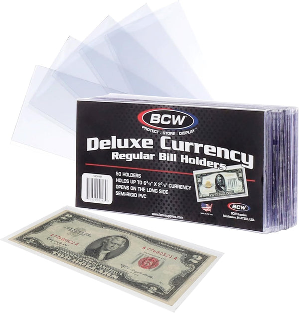 BCW Deluxe Currency Holder - Regular Bill (Dollar) Semi-Rigid Holder - Holds up to 6.38' X 2.78' - (Pack of 50) - Currency and Coin Collecting Supplies