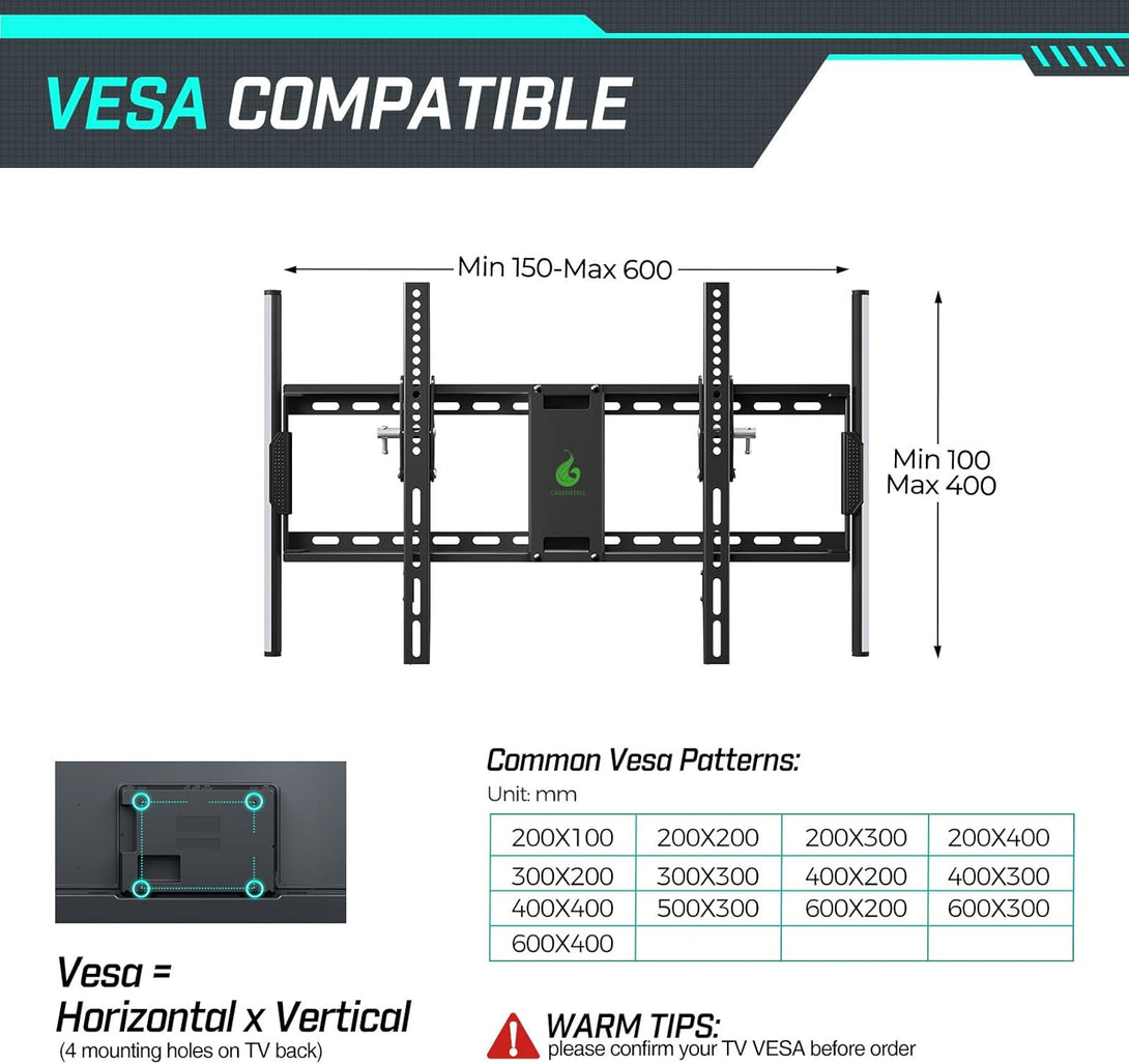 Greenstell TV Wall Mount with LED Lights, Tilt TV Mount for 37"-75" Flat/Curved Tvs, Low Profile Wall Mount TV Bracket Fit 16"-24" Stud, Max VESA 600X400Mm, Holds up to 132Lbs