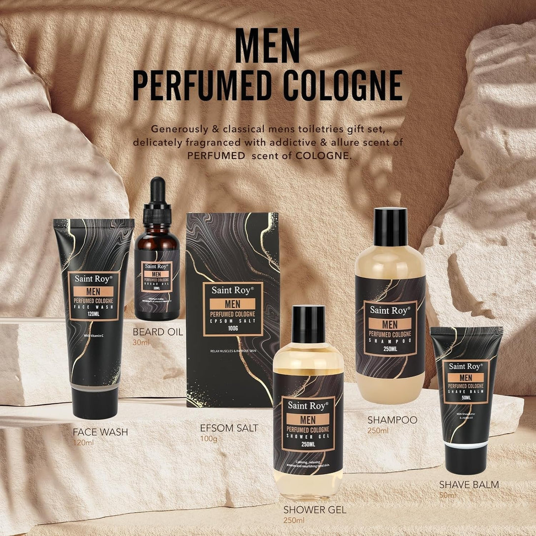 Valentines Day Gifts for Him Fathers Day Bath Perfume Gift Set for Men, 14 Pcs Spa Basket with Classic Perfume Kit, Personal Self Care Shaving Kit Relax Included Scubber, Beard Oil, Bath Pillow More