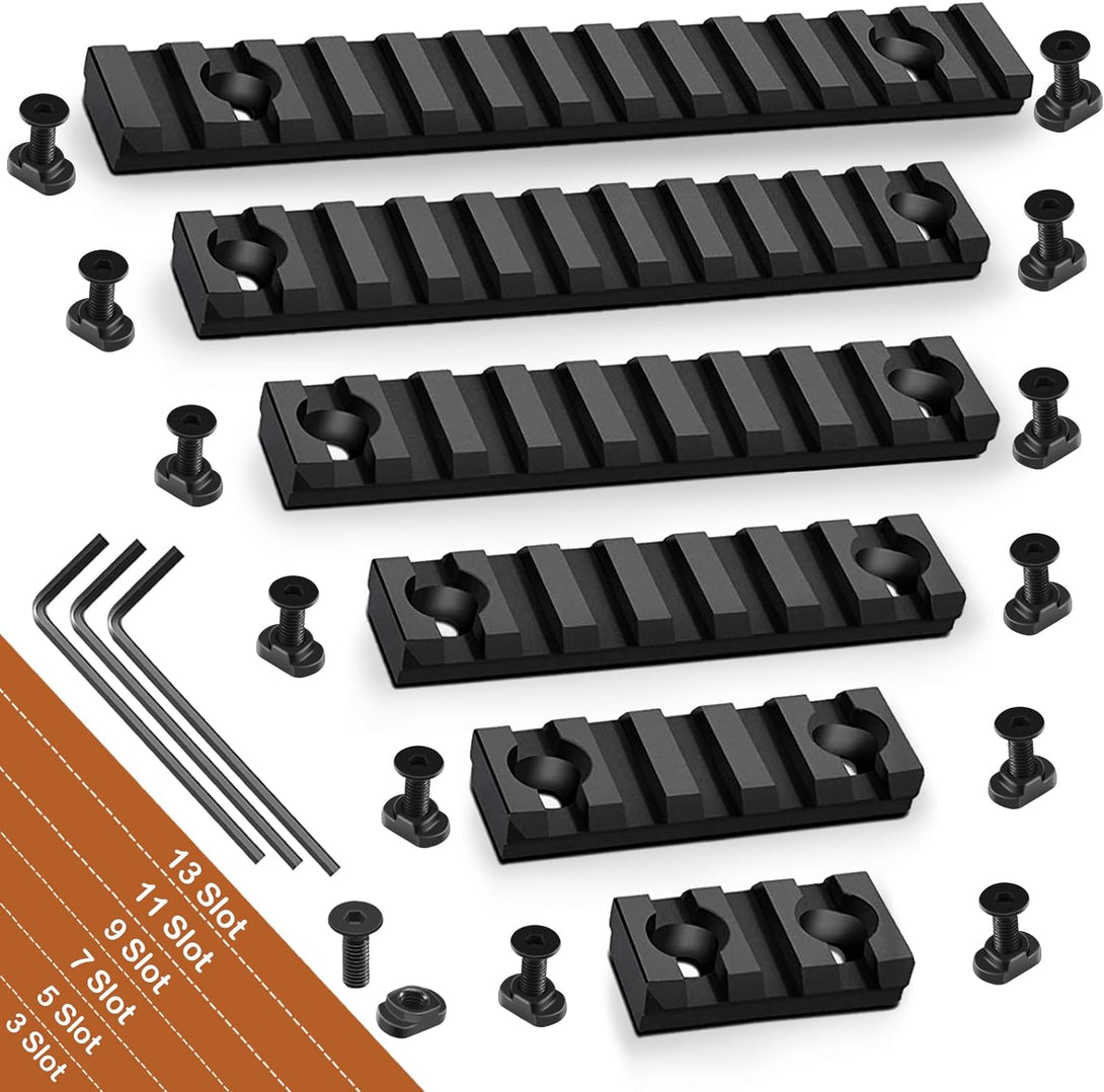 6 Pack Single Mloc Picatinny Rail Set for Mlock 3 5 7 9 11 13 Slots with 13 T-Nuts & Screws, 3 Allen Wrench - Black