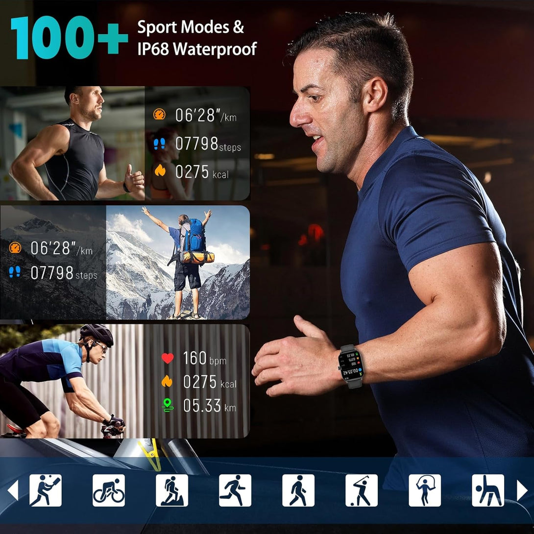 Smart Watch for Men Women(Answer/Make Call), Smartwatches with Heart Rate/Spo2/Sleep/Stress Monitor, IP68 Waterproof, 100+ Sports Mode Fitness Tracker, Compatible with Android and Iphone(Black, 2.01")