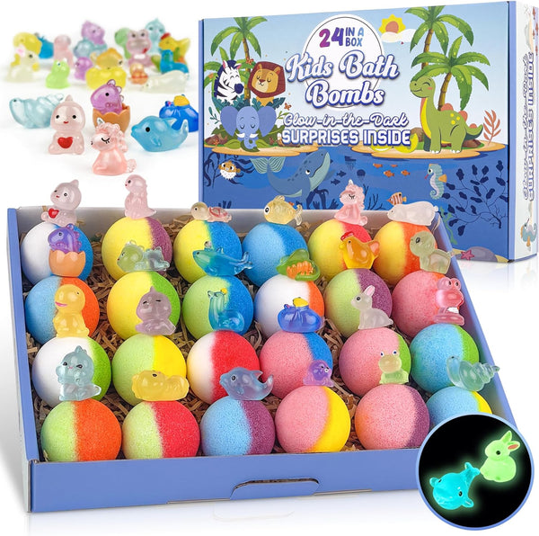 Bath Bombs for Kids, 24Pcs Bath Bombs with Glow in the Dark Surprise Inside, Natural and Organic Colorful Bubble Bath Fizz for Kids, Perfect Birthday, Halloween, or Christmas Gift for Boys and Girls!