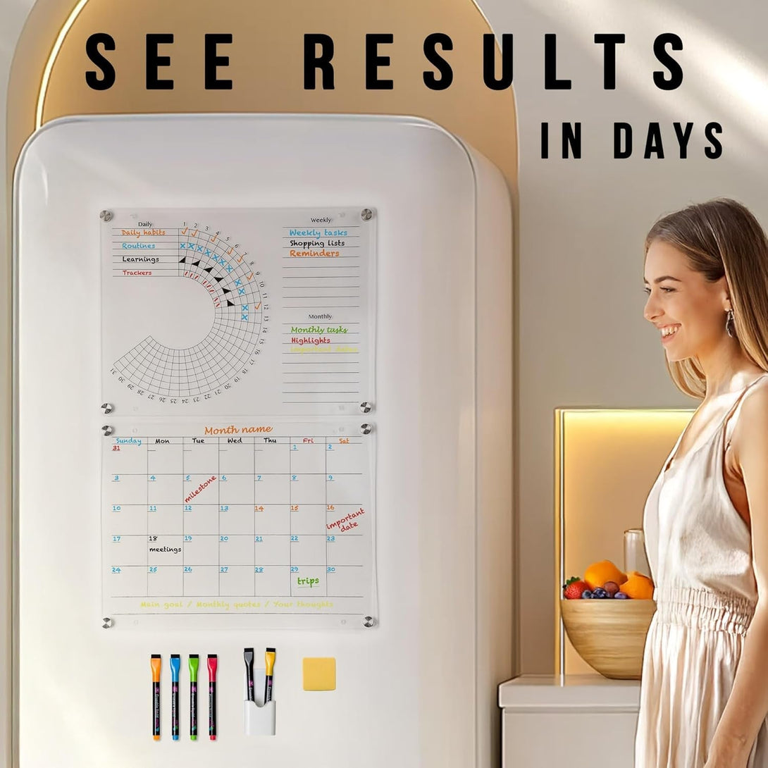 Acrylic Calendar and Habit Tracker Set - Clear Magnetic Calendar for Fridge - Clear Magnetic Planner for Refrigerator - Acrylic Dry Erase Board for Wall with Pens, Holder, Eraser - the Goal Tracker