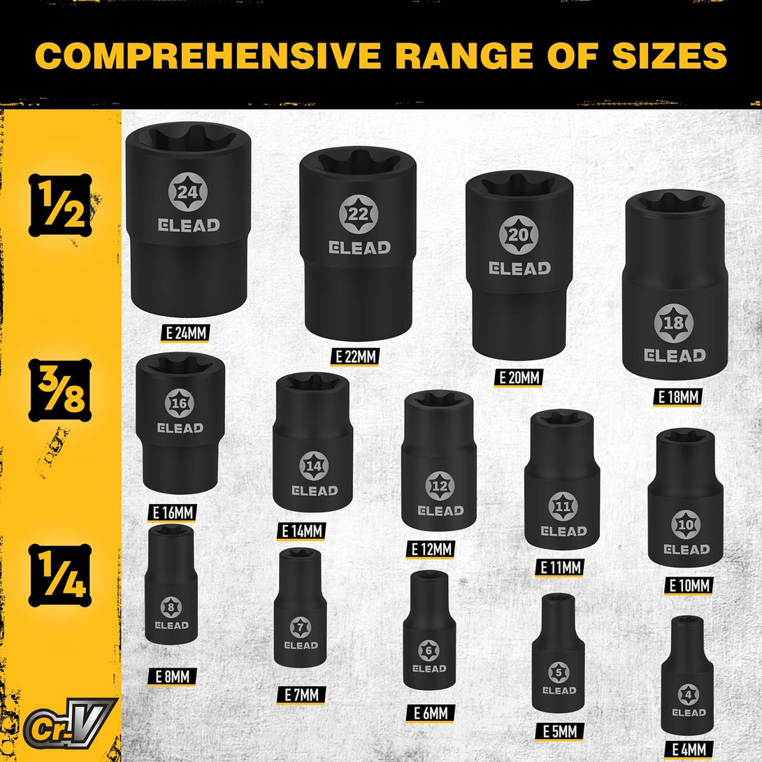 17-Piece Inverted E-Torx Socket Set - Impact Chrome Vanadium Steel Star Female Sockets for Impact Wrench 1/2 3/8 1/4 Drive Precision Torque Extractor Kit with Secure Tamper-Proof Storage Case
